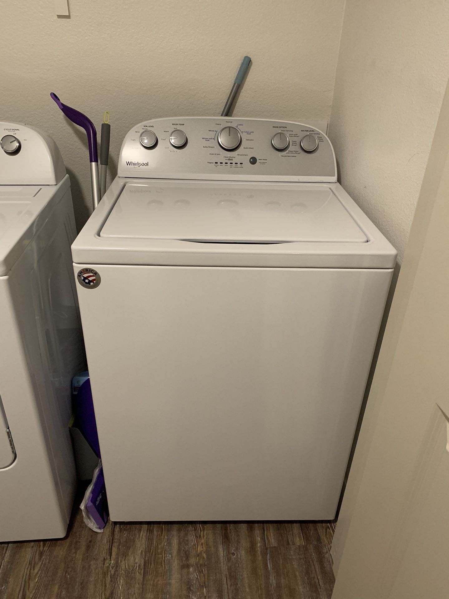 Whirlpool Washer & Dryer (model/serial number in photos)