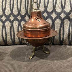 Vintage  Polished Copper Footed Incense Burner with Crescent Moon and Star B