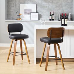 Mid-Century Bar Stools with Wood Legs – Set of 2
