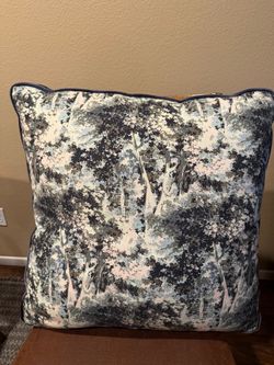 Forest Toile Throw Pillow with Navy Piping