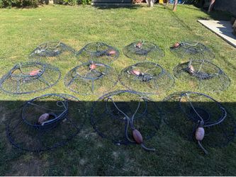 Hoop nets with bait holders, ropes and bouy