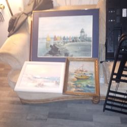 3 Hand Painted Framed Water And Beach Paintings Nice