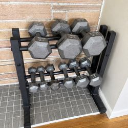 150 lb Cast Iron Dumbbell Set + Rack