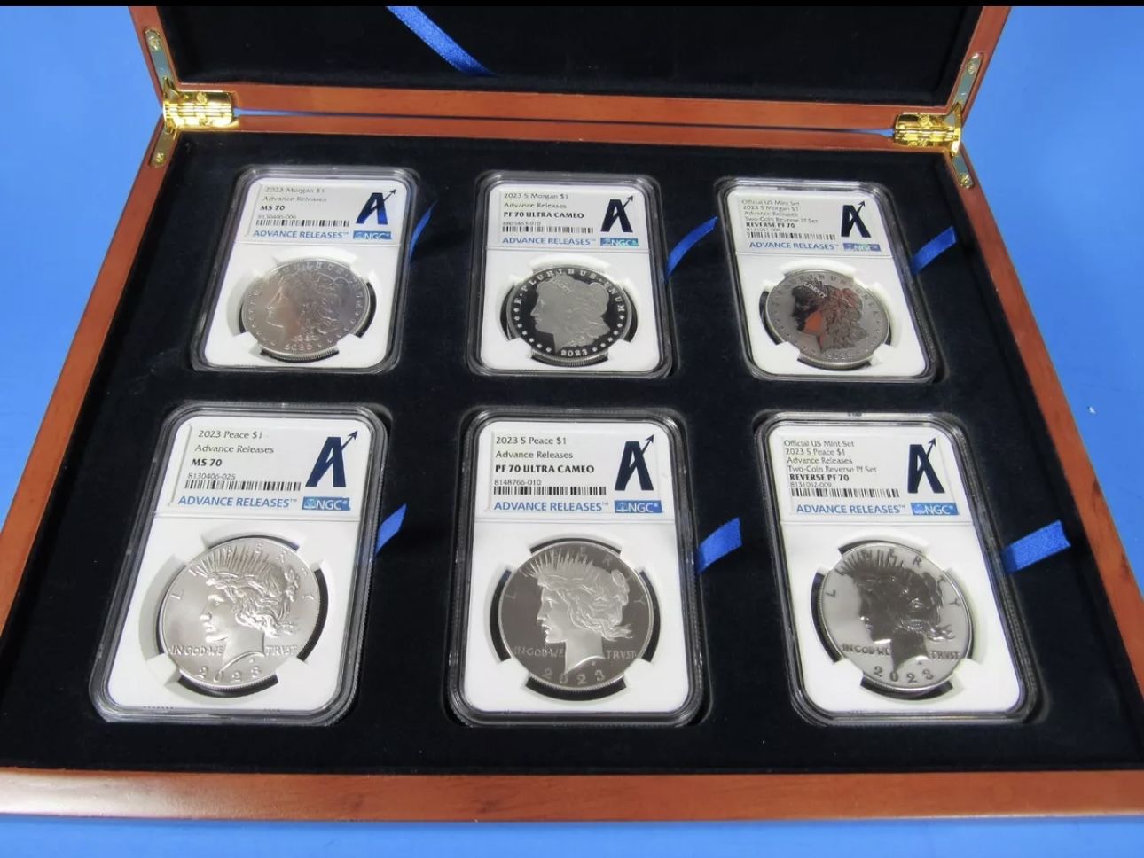 2023 P&S 6-Coin Set, Morgan/Peace Dollar Set NGC Pf/Ms 70 Advanced Releases