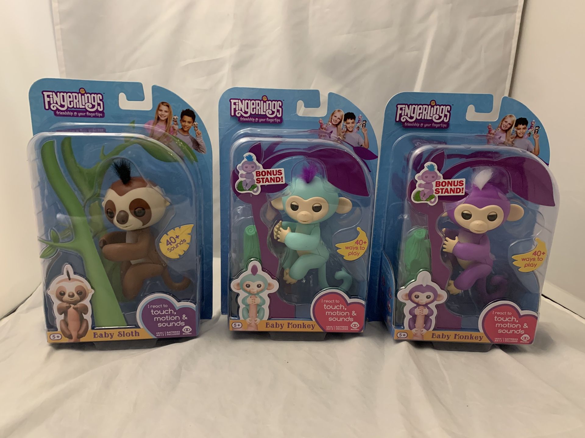 New Fingerlings sloth, blue monkey, purple monkey