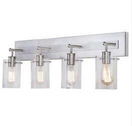 Hampton Bay Regan 29.13 in. 4-Light Brushed Nickel Bathroom Vanity Light with Clear Glass Shades