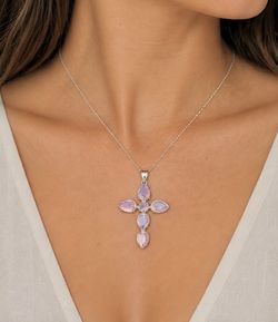 Pink Opalite Crystal Silver Cross 2.5” Pendant