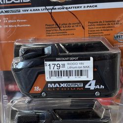 (SALE ON New) Ridgid 18v Lithium-ion MAX output 4.0 Ah Battery 