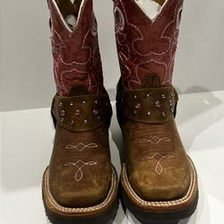 Leather Square Toe Cowboy Western Boots Brown and Pink Youth size 11