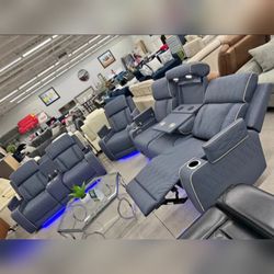 Modern Luxury Blueish Grey Sanded Leather Living Room Intelligent 3 pc power Recliner Sofa set