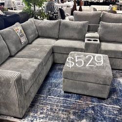 4-pc Sectional sofa with ottoman 2 cup holders and charging station