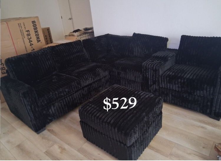 Sectional Sofa With Ottoman Black Fur-like Jumbo Corduroy ✅ $529