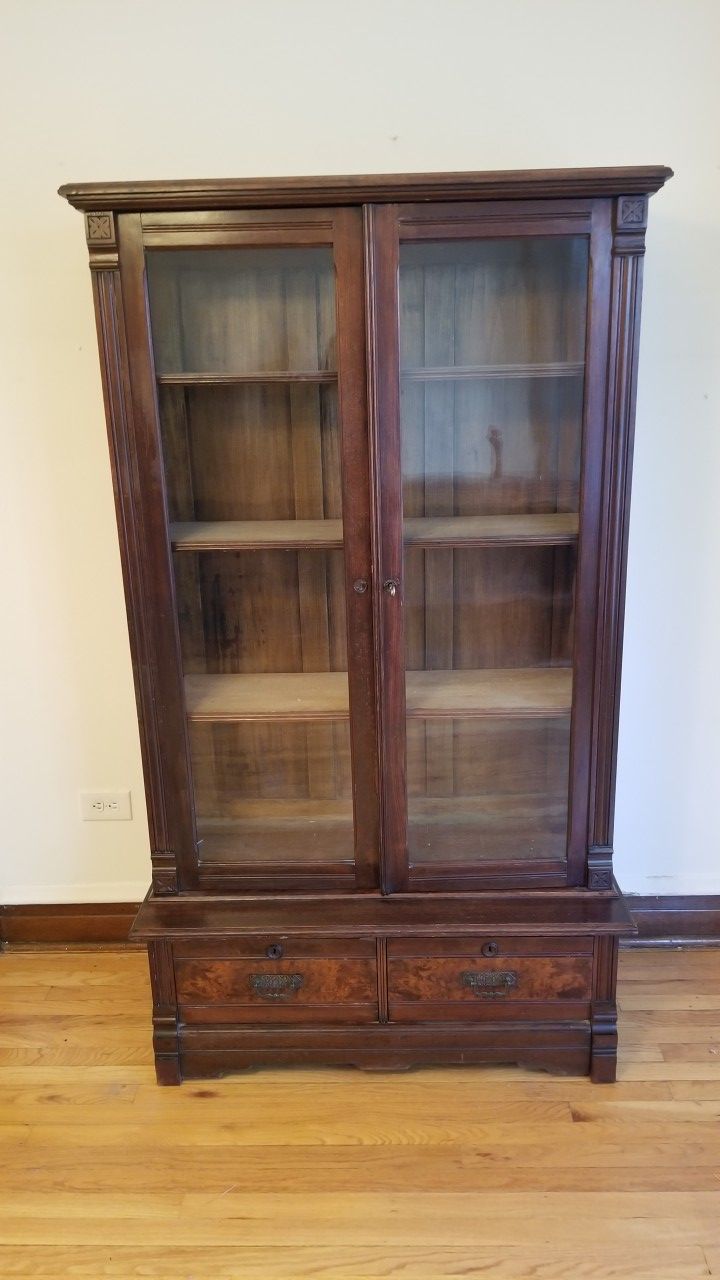 Antique Victorian Walnut and Burl Walnut Eastlake Bookcase Display Cabinet