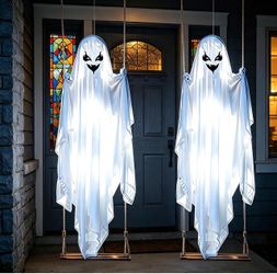 2-Pack 4.6 Feet Large Hanging Ghost Decoration with Cool White LED Lights and Timer, Easy Assembly