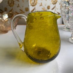 Small Yellow Crackle Pitcher Attached Handle-Blenko?