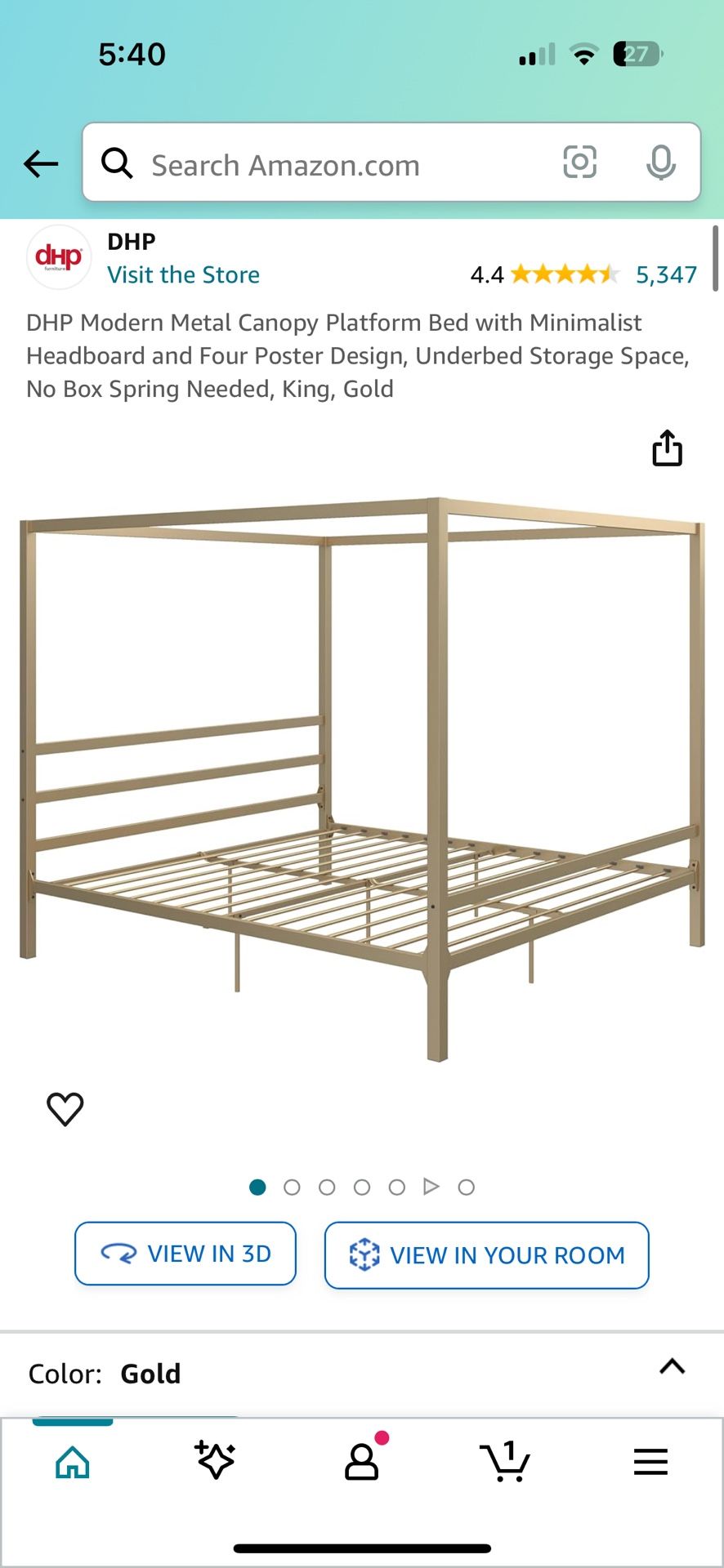Gold Metal Canopy Bed - Cali King