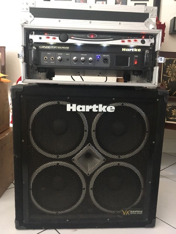 Hartke Bass amp with head in rack, includes Behringer racktuner and dolly