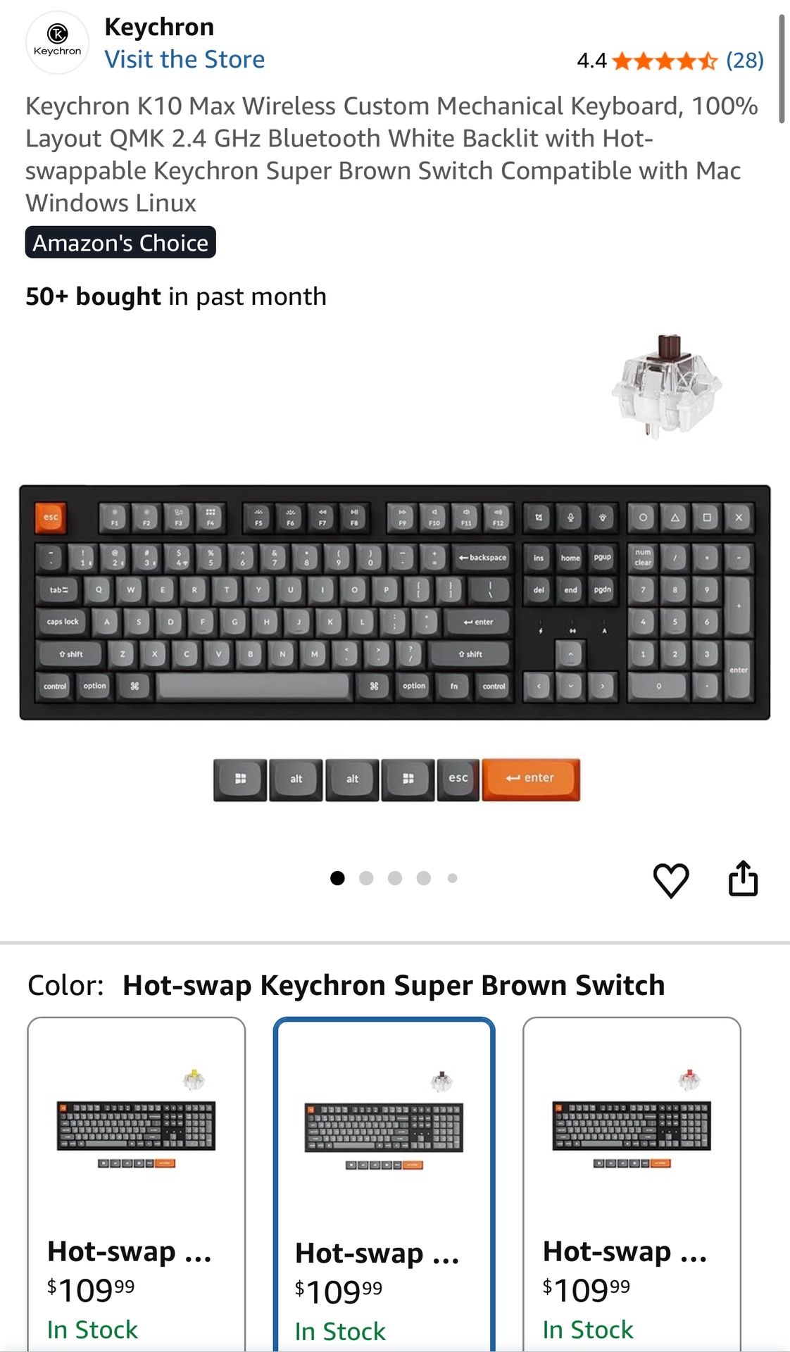 Keychron K10 Max Wireless Custom Mechanical Keyboard, 100% Layout QMK 2.4 GHz Bluetooth White Backlit with Hot-swappable Keychron Super Brown Switch C