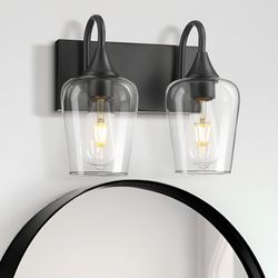 Black Vanity Lights, 2-Light Bathroom Lighting Fixtures Over Mirror in Matte Black Finish with Clear Wine Glass