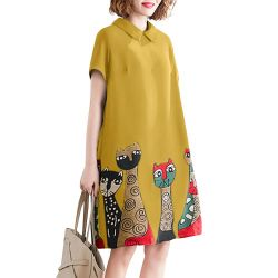 Chic & Trendy Abstract Cat Print Short Sleeve Doll Collar A-Line Women's Dress