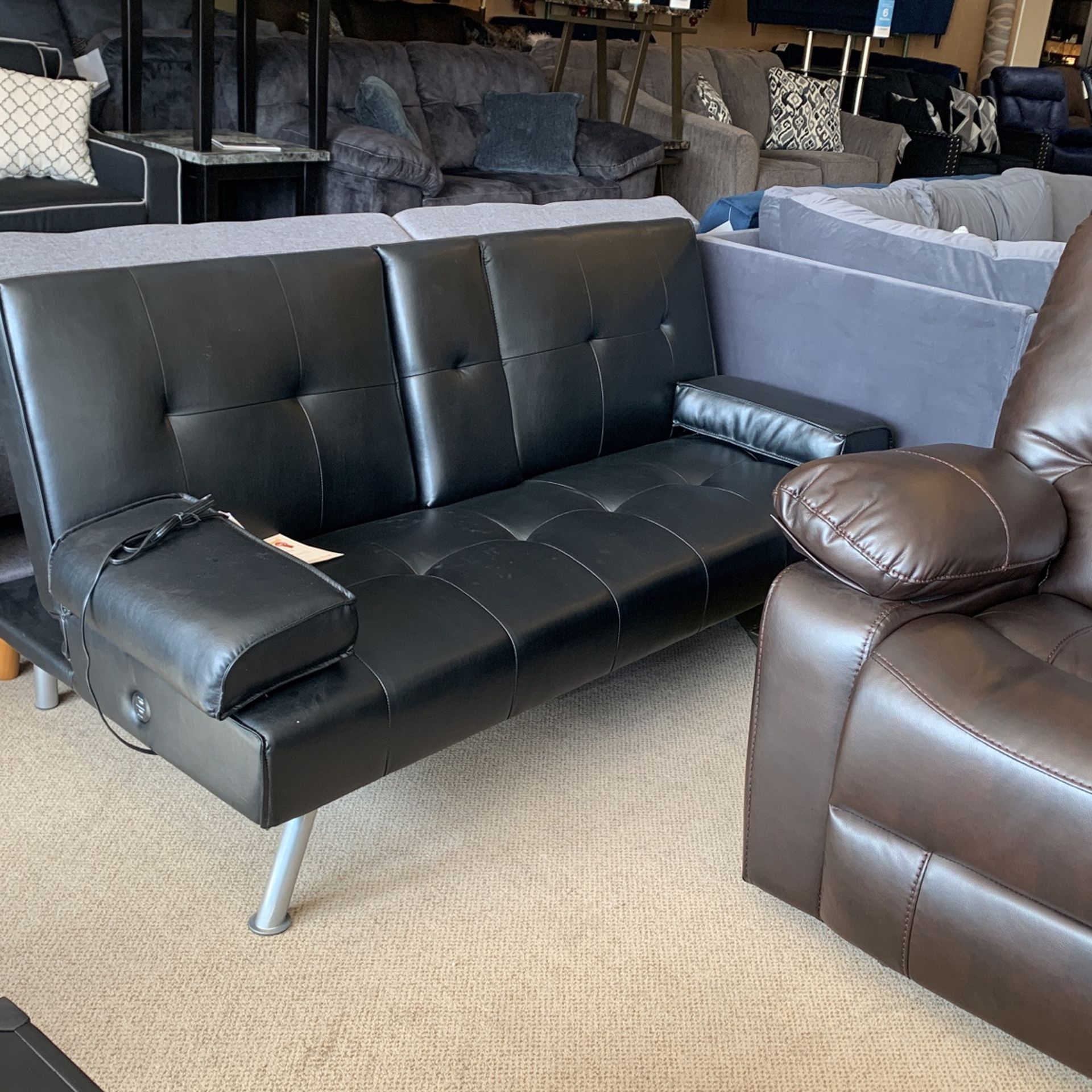 Black Leather Futon With 2 Cup Holders And Usb Port