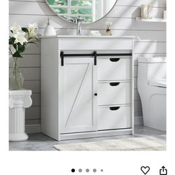 30" Farmhouse Bathroom Vanity White with Sink, Freestanding, Bathroom Storage, Vanity Cabinet, w/Sliding Barn Door, 3 Drawers, Adjustable Shelves, Met