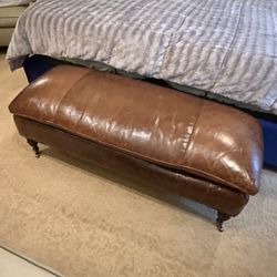 Restoration Hardware Leather Bench Vintage Cigar Brown Turned Wood Legs