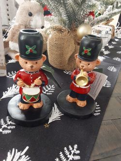 Christmas Teddy Bear Soldier Candle Holders Set of 2. NEW
