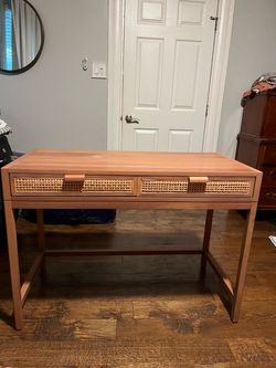 Wood Desk with Rattan Cane Drawers
