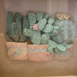 3 d ceramic cactus in pots signed wall art in glass & wood shadow box. Southwest/ vintage / Bo Ho.