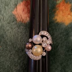Large rhinestone and CZ sterling silver asymmetric cocktail ring with colored pearls