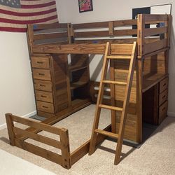Double Twin Wooden Loft Bed w/built In Desk Shelves & Drawers 