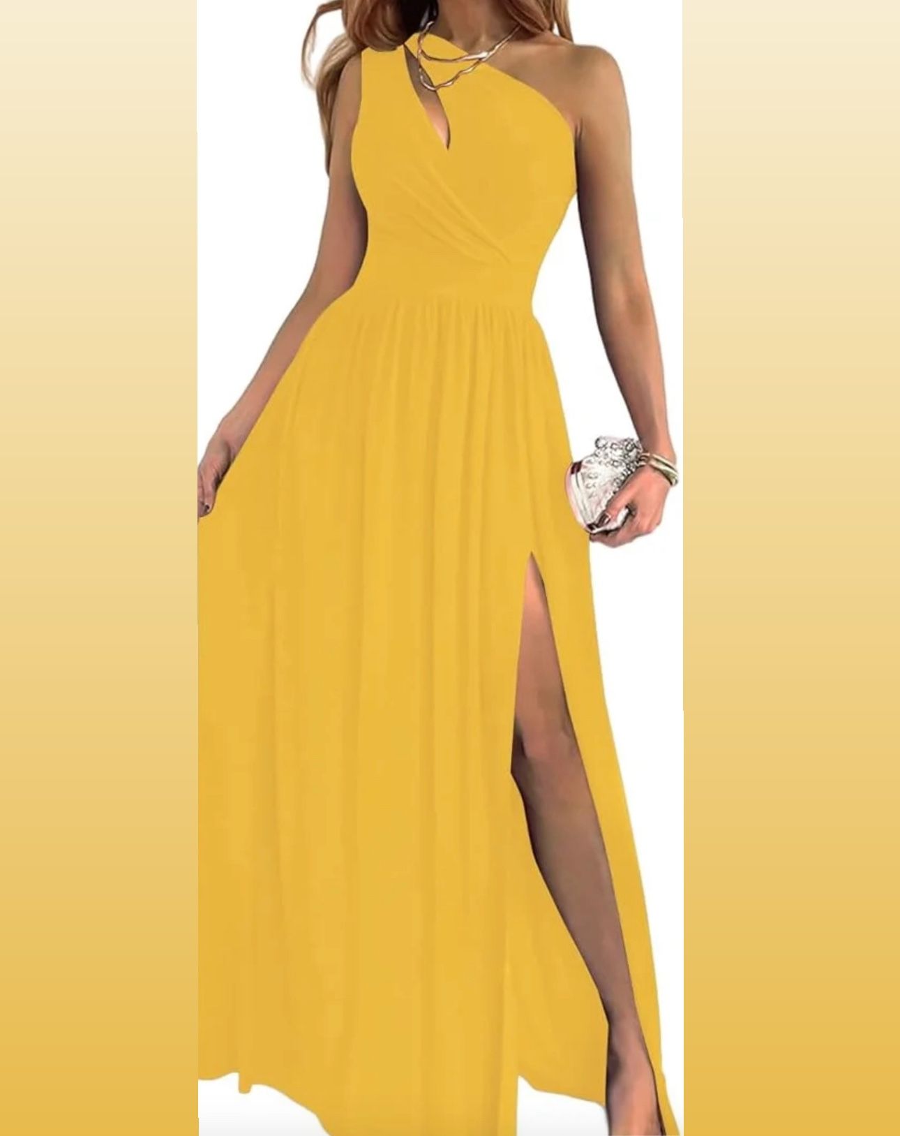 Brand New Size (Small) Yellow One Shoulder High Split Cutout Sleeveless Elegant Party Maxi Dress