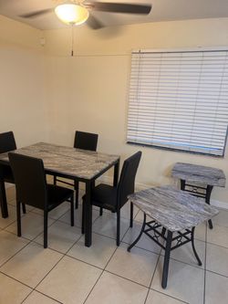 Dining Table Set with 4 Chairs + 2 Side Tables – $400