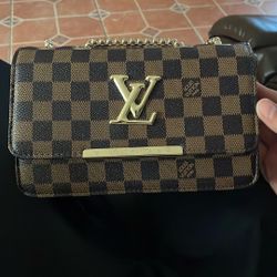 Louis Vuitton Damier Ebene Shoulder Bag Gold Hardware LV Logo Accent