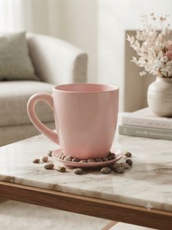 Vintage MELMAC Large Decorative Pink Ceramic nesting Mug with attached Saucer