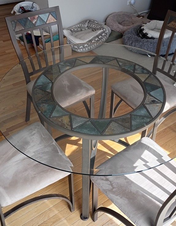 contemporary Glass Top Table And 4 Chairs. Dinette Breakfast Table. Dining Set