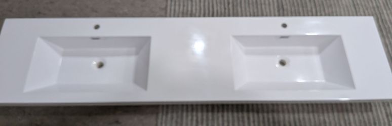 Solid surface resin white rectangular vanity. Double top sink bathroom vanity top in glossy white.