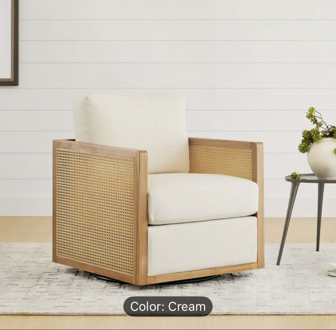 CHITA Swivel Accent Chair, Rattan Arm Chair for Living Room and Bedroom, Fully Assembled, Cream Fabric with Natural Frame