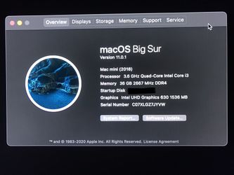 2018 Mac Mini 3.6Ghz Intel i3 36GB 128 SSD