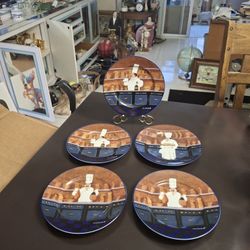 Set Of 5 Williams Sonoma Guy Buffet Signed "Les Chef" 8" Porcelain Plates Made In Japan, Dishwasher & Microwave Safe 
