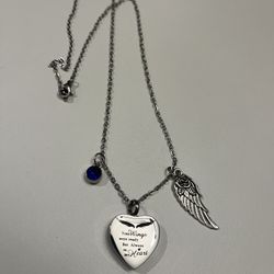 Your Wings were ready But always on my heart charm wilth blue stone and rosewing charm and chain 22in