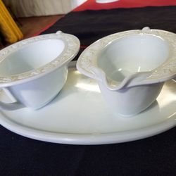 Vintage Unique Pressed Milk Glass 3pc. set of cream pitcher and sugar bowl with embossed floral on flat rims on a flat milk glass tray A74V417