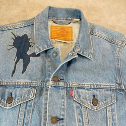 Levis Premium Mens XL Trucker Denim Jacket Light Wash Custom Ink Splatter Blue