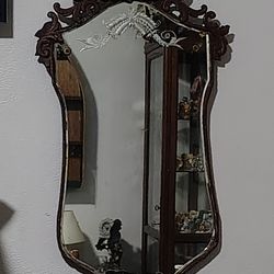 Antique hand etched ,bevelled edge shield mirror,
