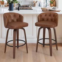 26 in. Brown Wood Frame Counter Height Bar Stool Faux Leather Upholstered Swivel Bar Stool (Set of 2)