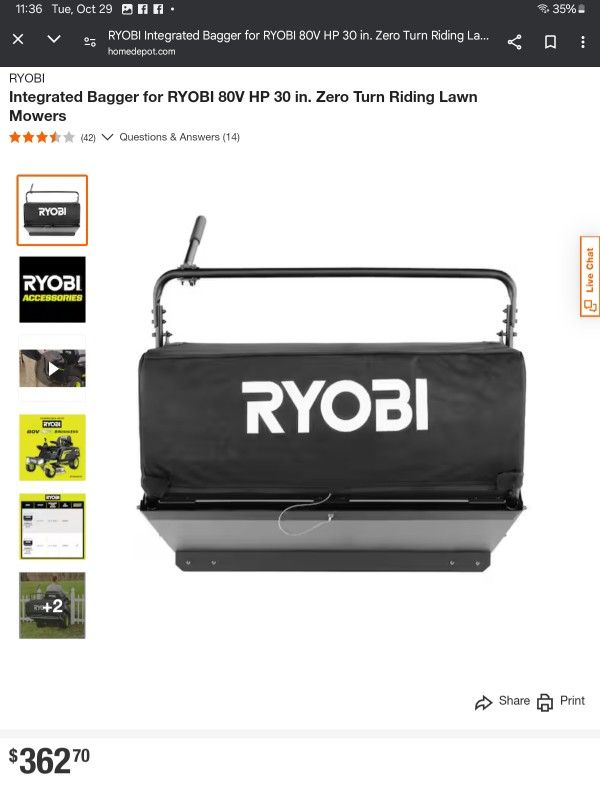 Integrated Bagger for RYOBI 80V HP 30 in. Zero Turn Riding Lawn Mowers