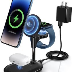 3 in 1 Wireless Charging Station for Apple MagSafe Charger, 15W Fast Magnetic Mag-Safe Charger Stand for iPhone 15 14 13 12 Series Apple Watch AirPods