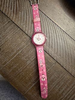 Pink silicone strap adorned with cartoon dogs and paw prints