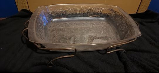 Vintage Poinsettia Glass Casserole Dish with Metal Stand